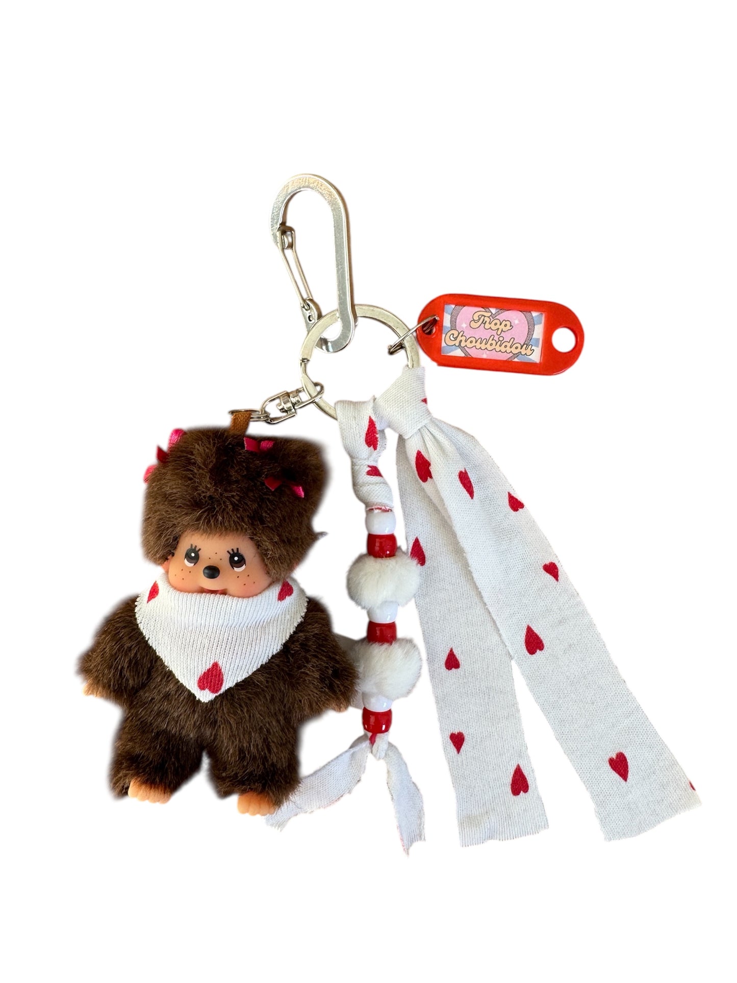 Grigri Monchhichi avec cœurs rouges – Tissu jersey | Édition Trop Choubidou