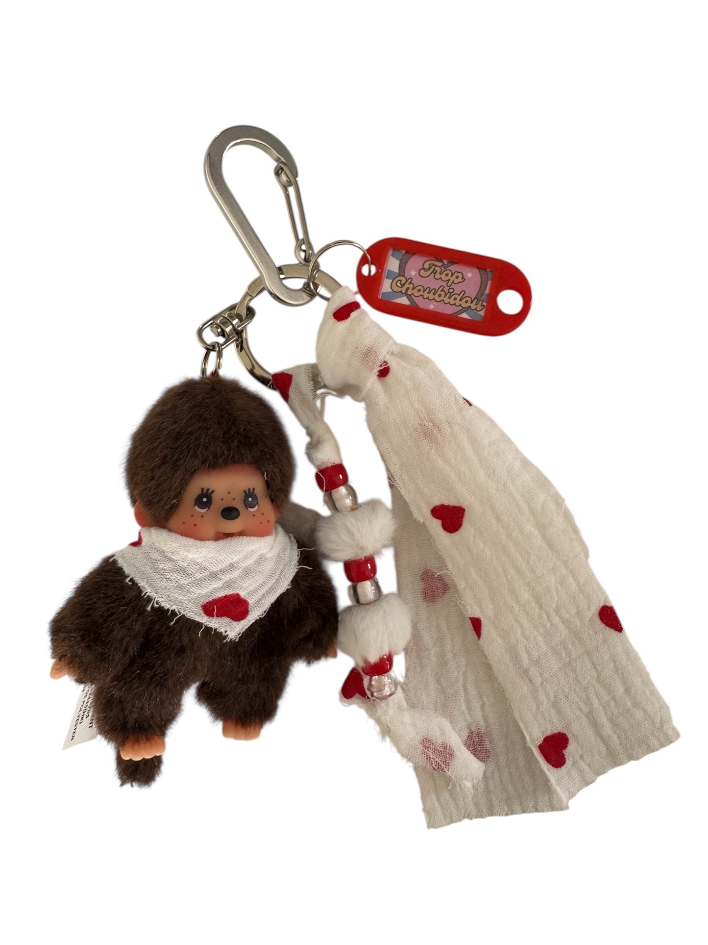 Grigri Monchhichi / Kiki – Cœurs rouges – tissu gaze de coton | Édition Trop Choubidou