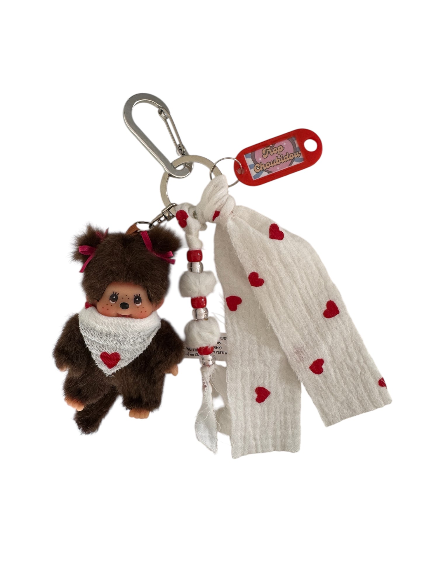 Grigri Monchhichi / Kiki – Cœurs rouges – tissu gaze de coton | Édition Trop Choubidou