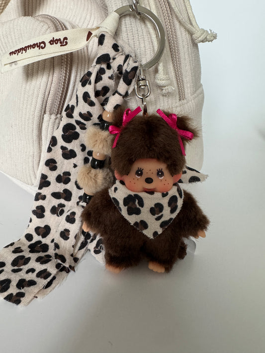 Grigri Monchhichi / Kiki – Léopard Gaze de Coton | Mousqueton cœur
